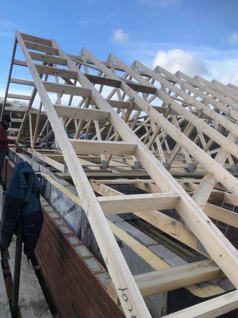 Rafters going up over a rear extension