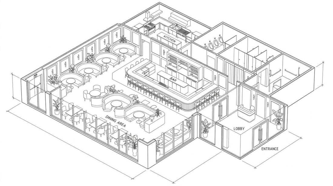 Axonometric line drawing of a bar and dining fit-out