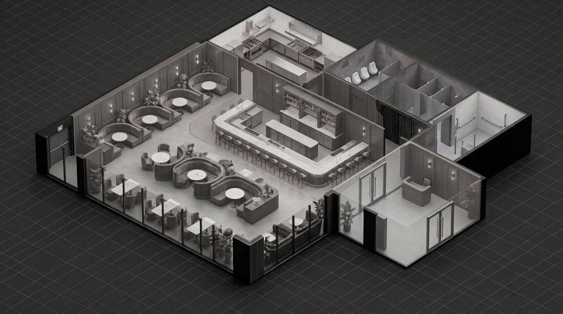 Greyscale 3D model of the same layout