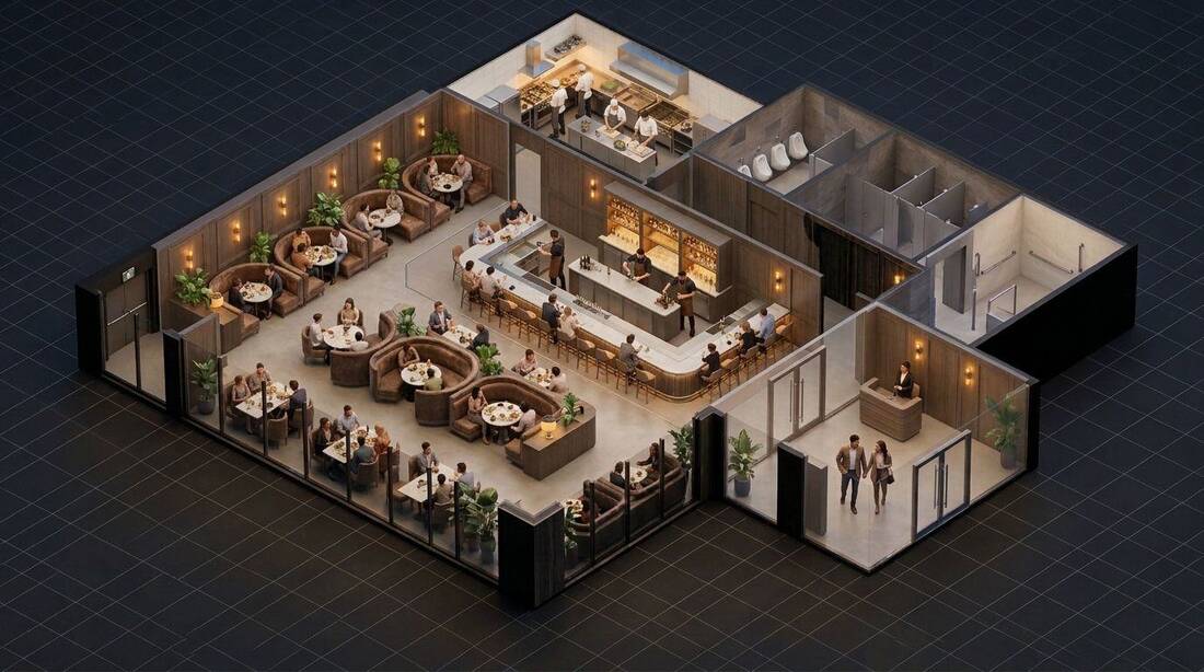 Rendered 3D model with timber, brass and people