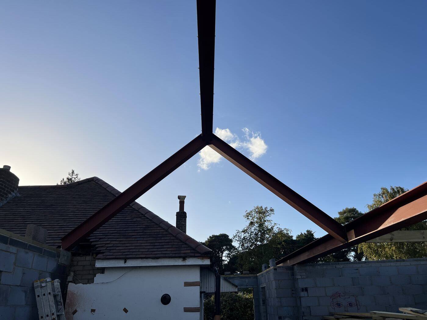 Steel ridge beams in place